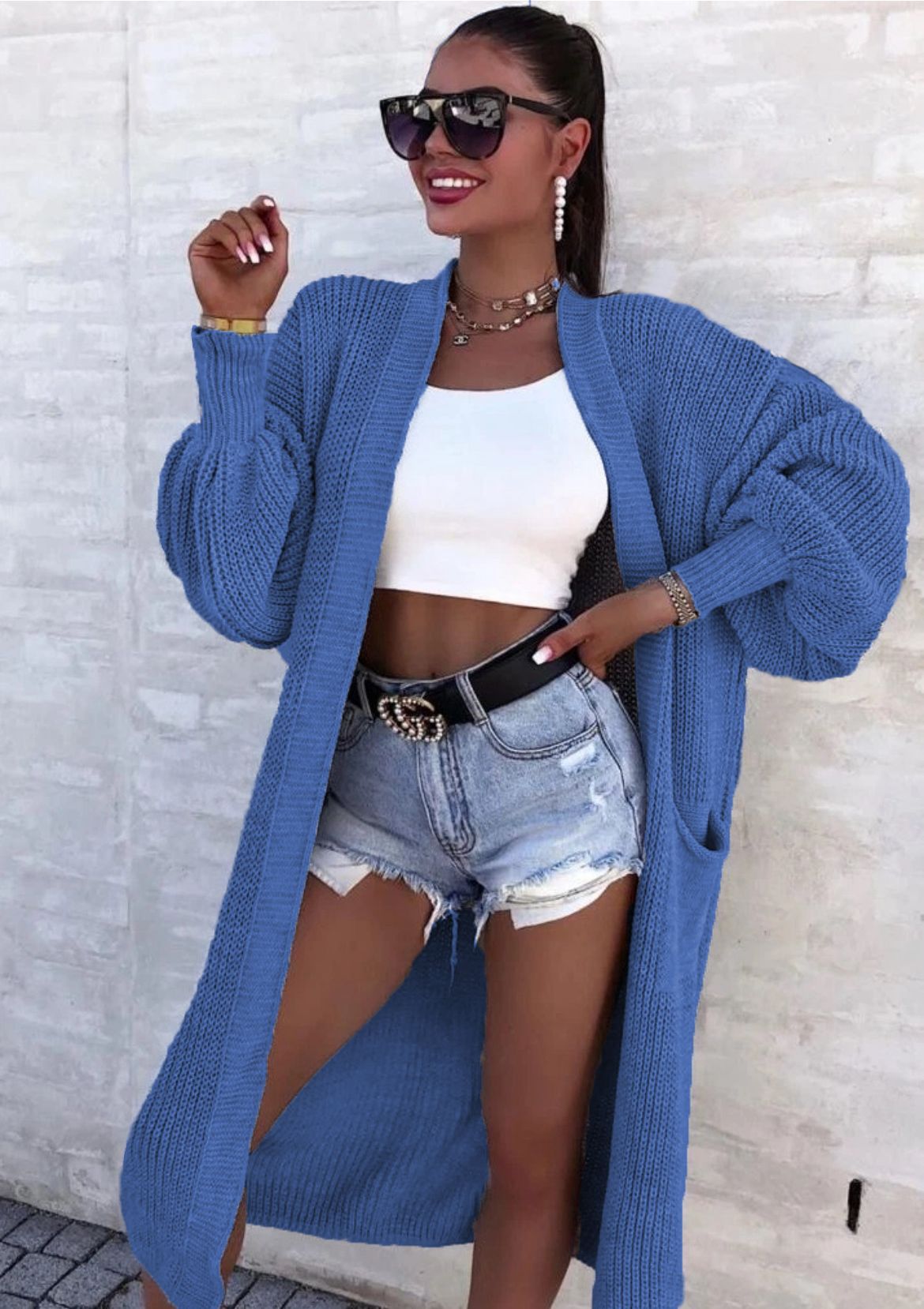 Damen Langer Strickcardigan mit weiten Ärmeln und praktischen Taschen Stalluxe
