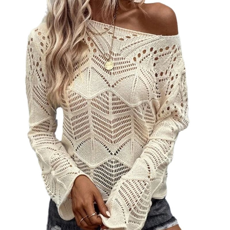 Damen Strickpullover mit filigranem Lochmuster und weitem Ärmel Stalluxe