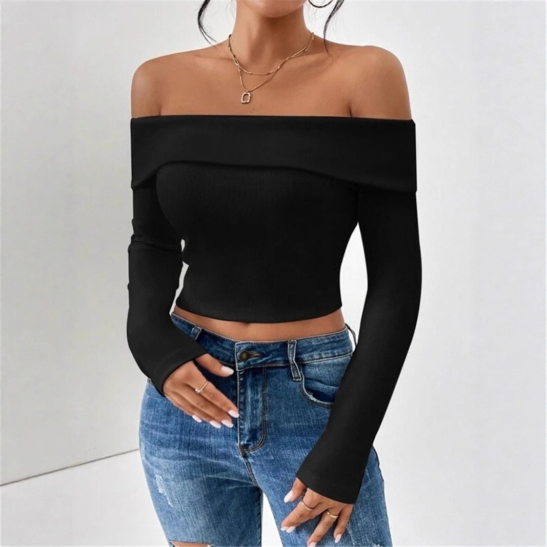 Damen Off-Shoulder Crop-Top mit langen Ärmeln und feiner Rippstruktur Stalluxe