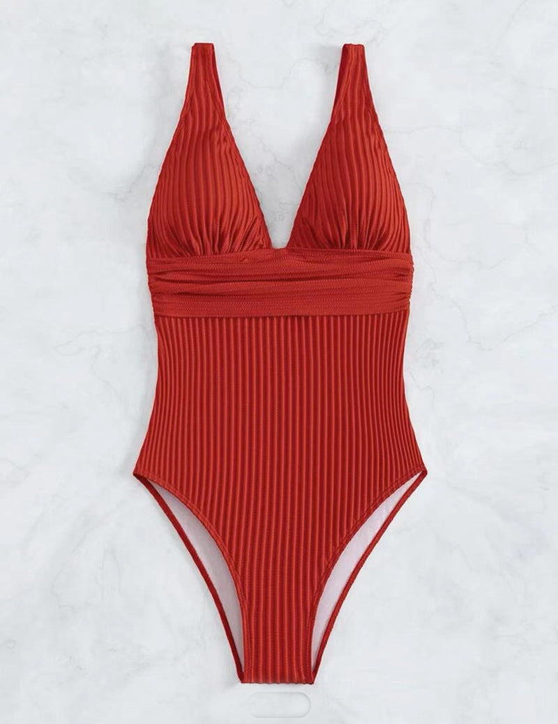 Damen Einteiler Badeanzug mit raffiniertem Rippendesign und tiefem V-Ausschnitt Stalluxe