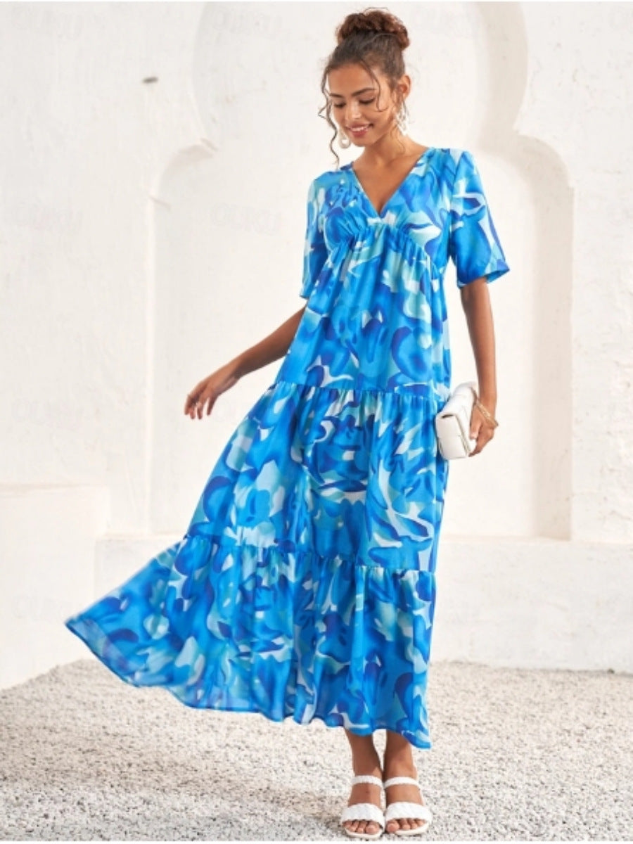 Damen Maxikleid mit voluminösen Rüschen und modischem V-Ausschnitt Stalluxe
