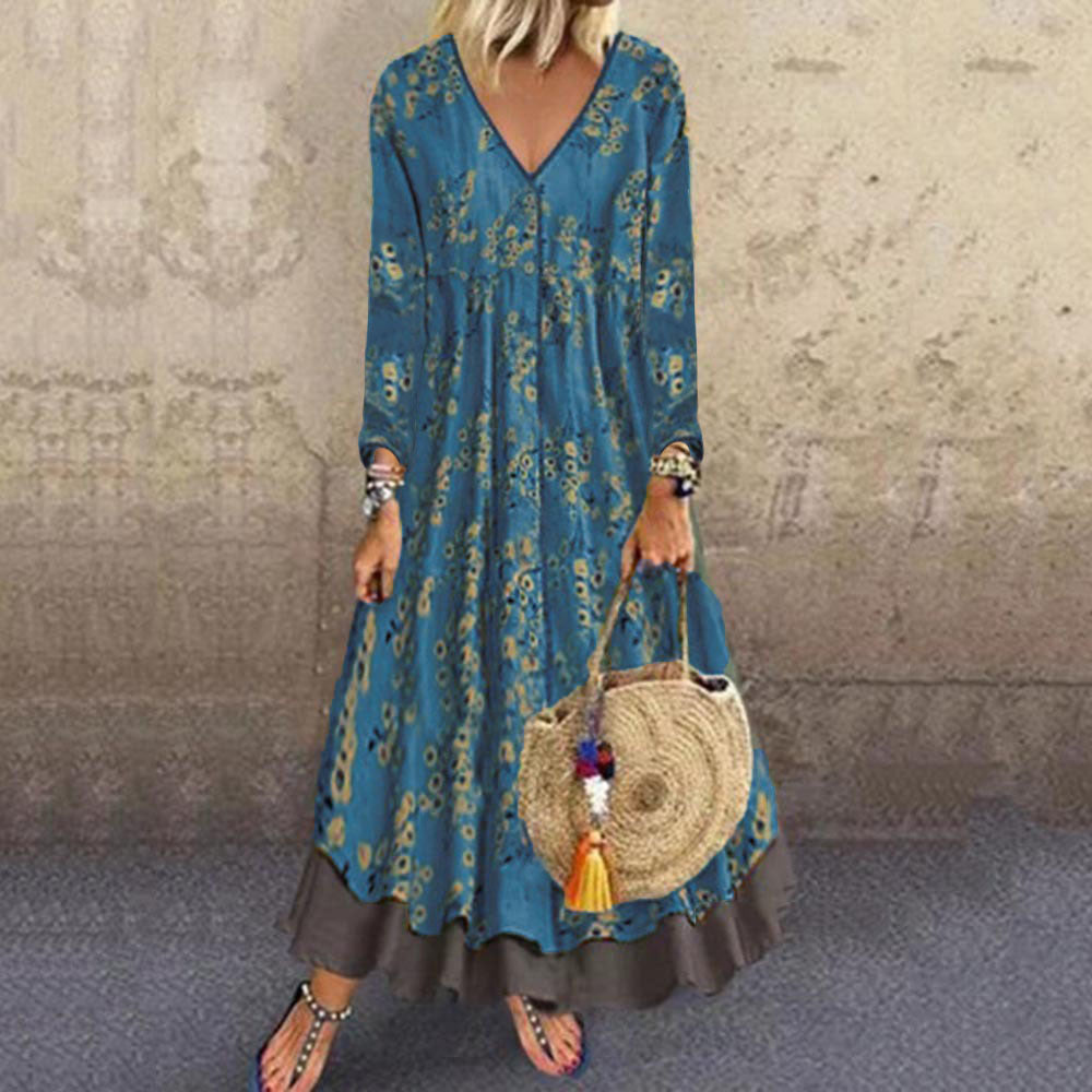 Damen Maxikleid mit V-Ausschnitt und langen Ärmeln Stalluxe