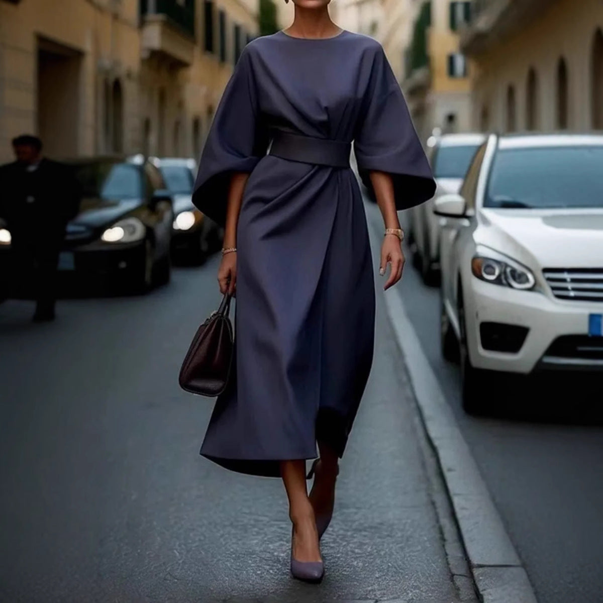 Damen elegantes Maxikleid mit Ballonärmel und tailliertem Schnitt Stalluxe