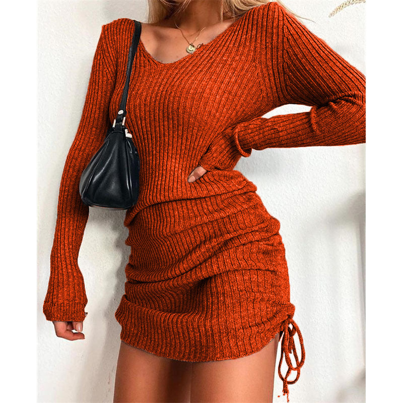 Damen Rippstrickkleid mit tiefem V-Ausschnitt und verstellbarem Raffung Stalluxe