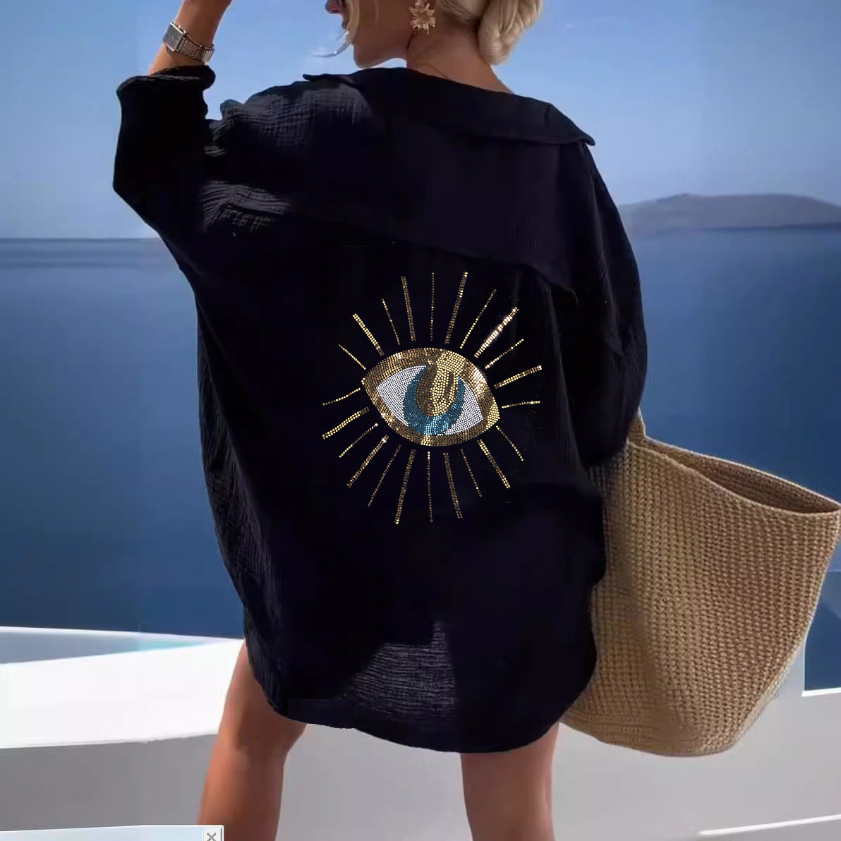 Damen Langarm-Hemdjacke mit auffälligem Augenprint Stalluxe