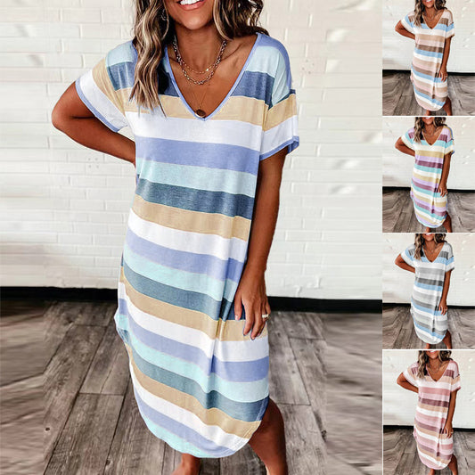 Damen lässiges Viskosekleid im gestreiften Design mit tiefem V-Ausschnitt Stalluxe