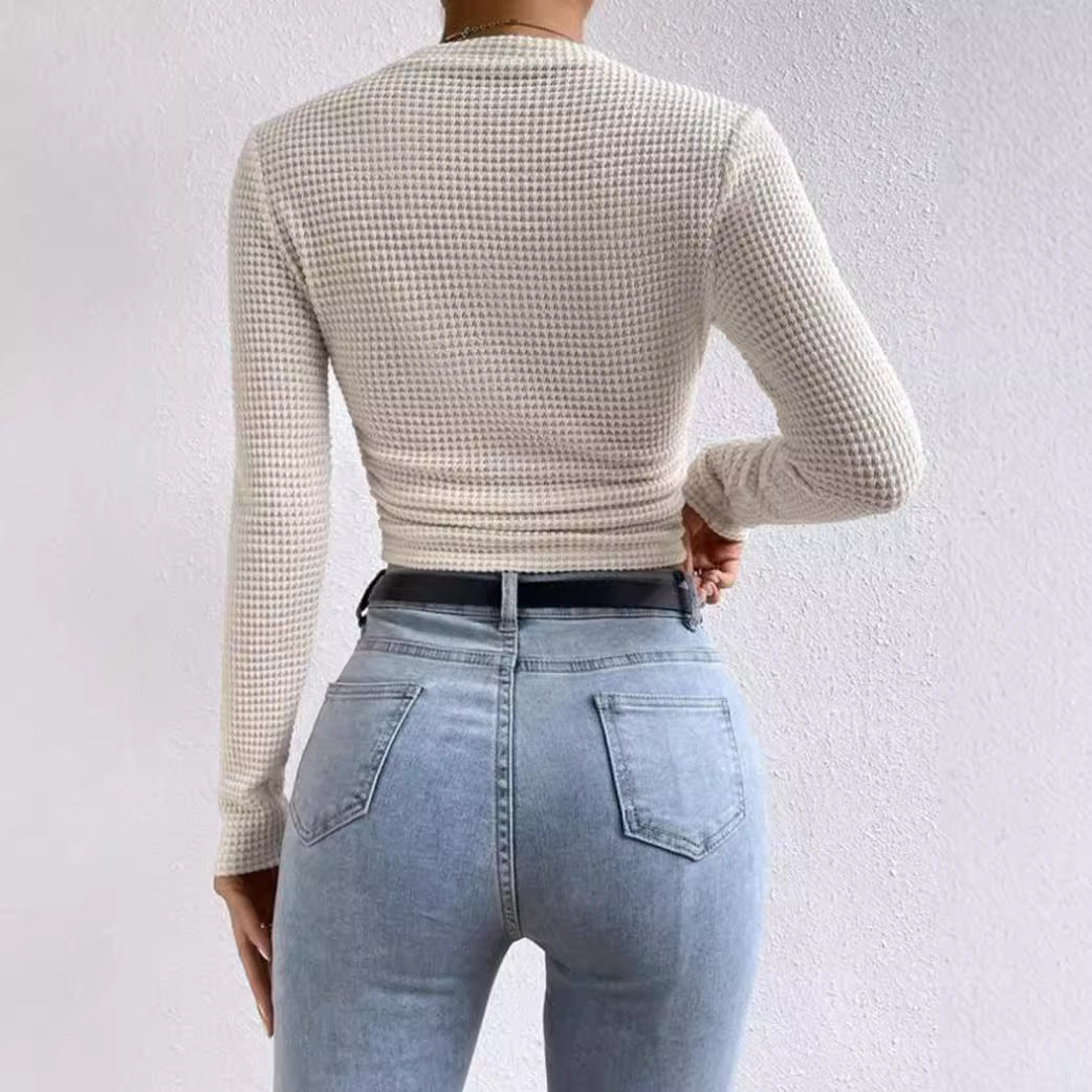 Damen modisches langärmliges Crop-Top mit Waffelstruktur Stalluxe