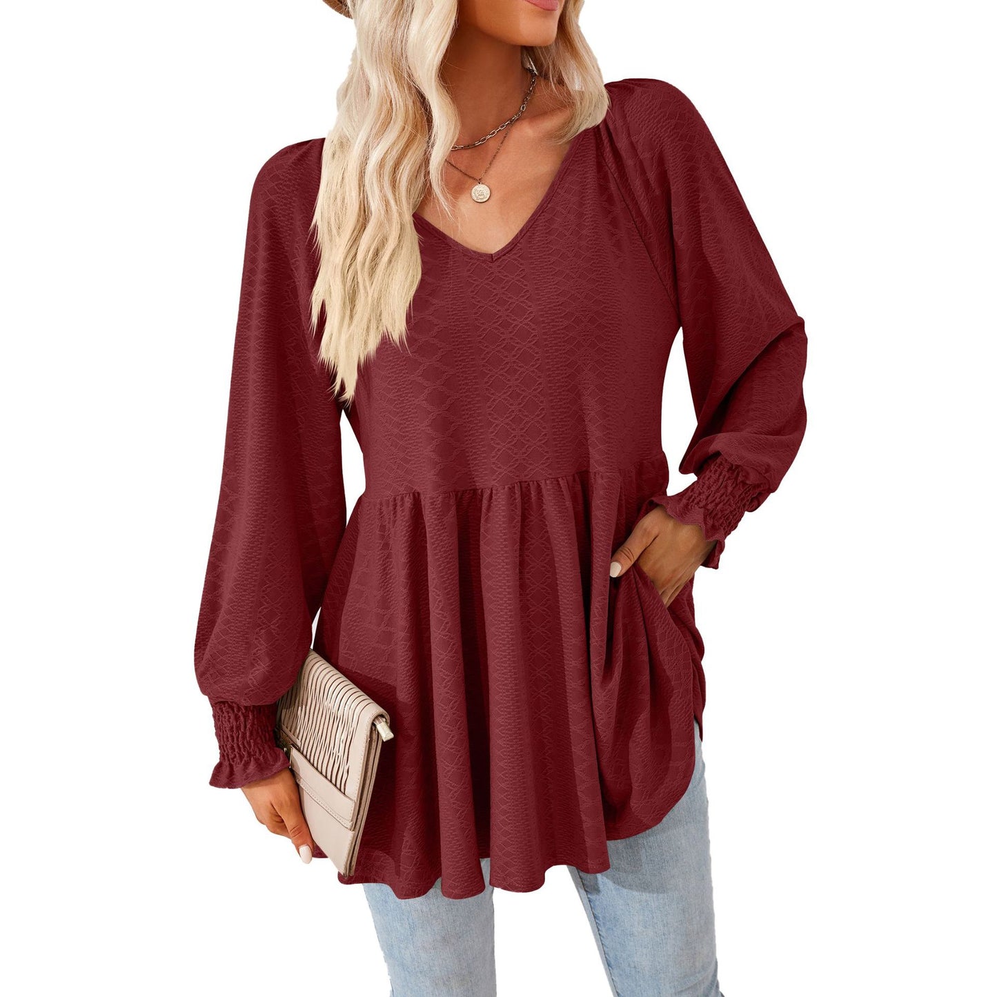 Damen lässiges V-Ausschnitt Blusenshirt mit Rüschen und Taschen Stalluxe
