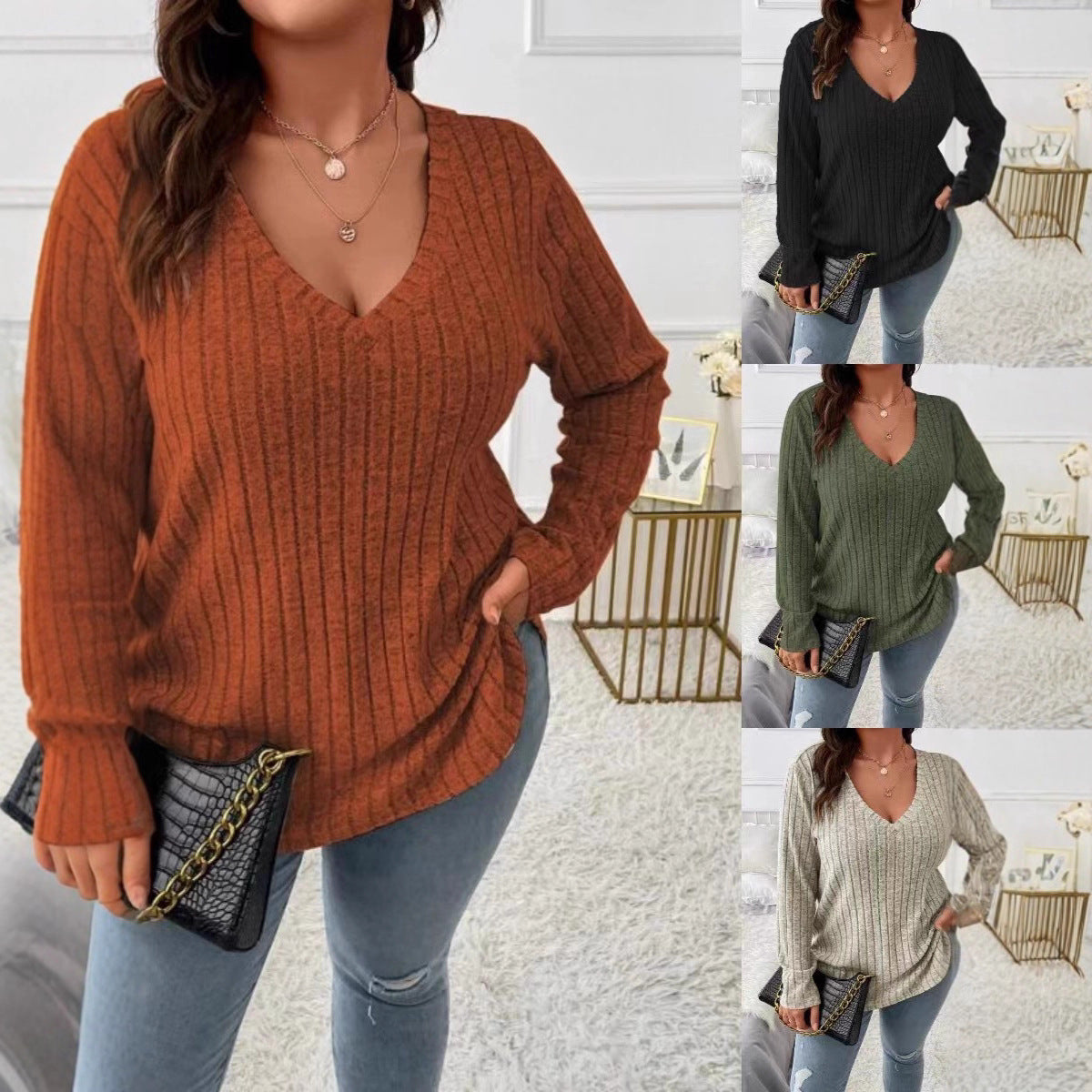 Damen Langarm V-Ausschnitt Shirt mit feiner Rippstruktur Stalluxe