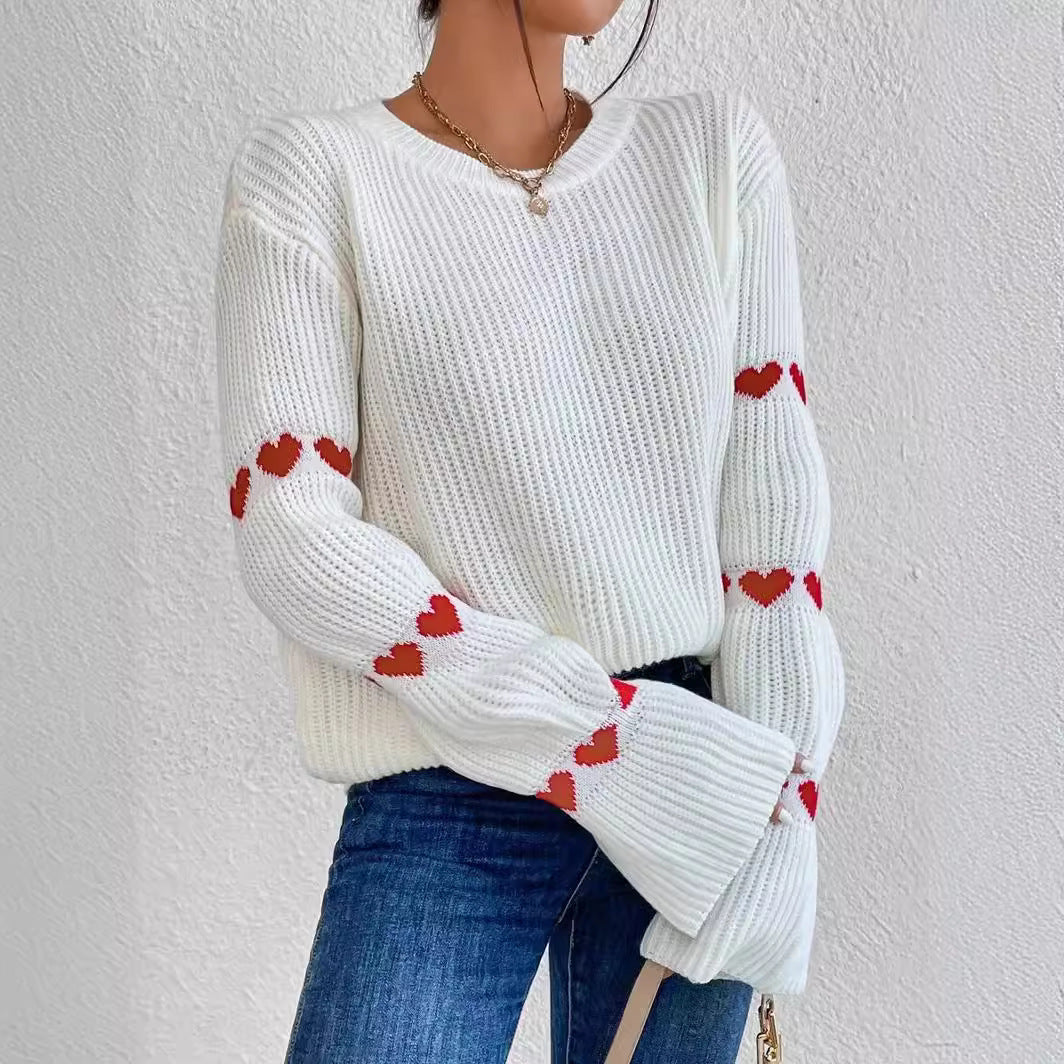 Damen lässiger Strickpullover mit Herzmuster und weitem Arm Stalluxe
