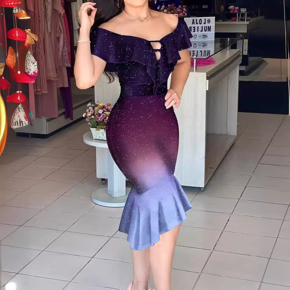 Damen Glitzerndes Midi-Kleid mit Rüschen und Schlitz Stalluxe