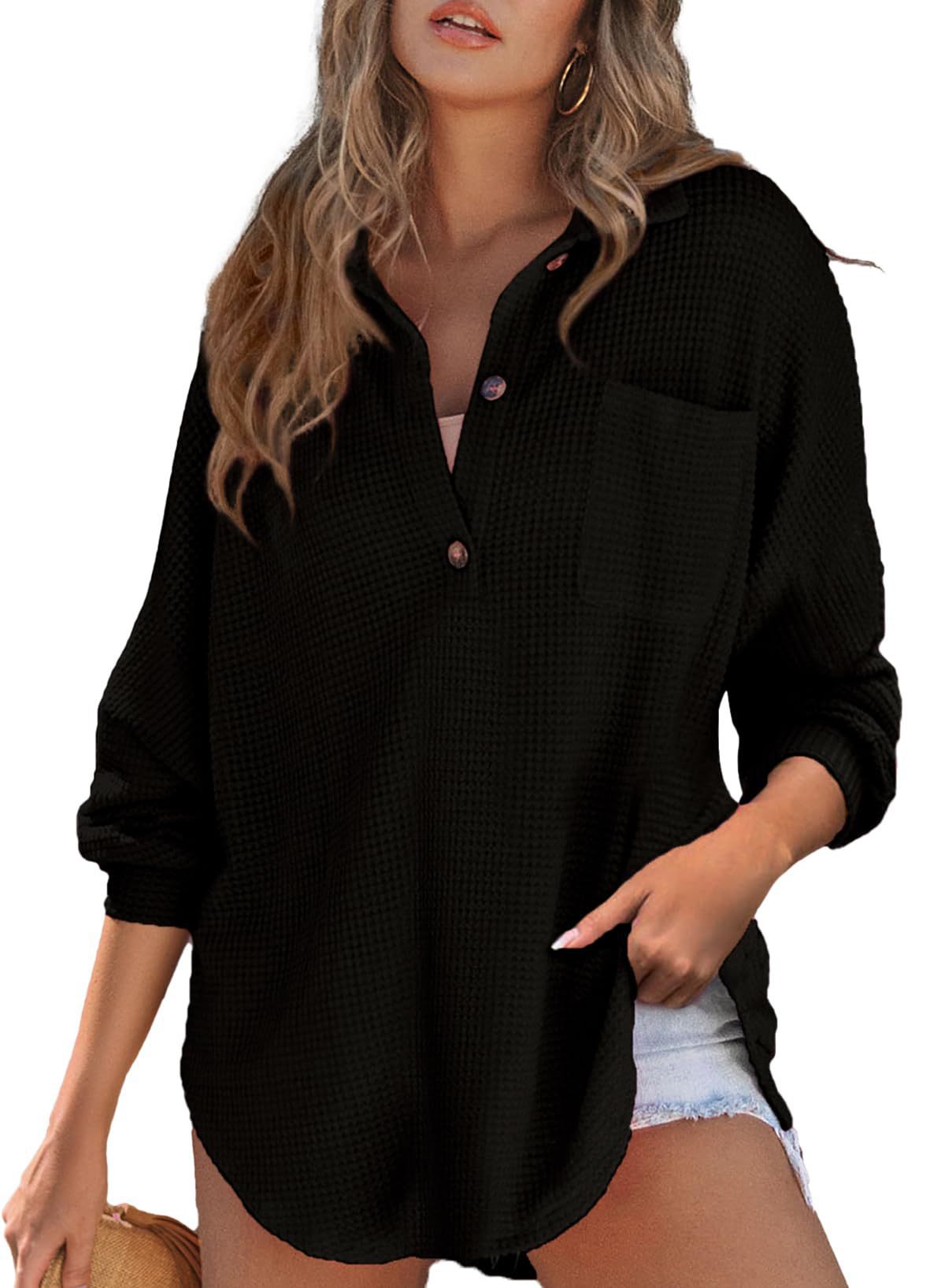 Damen lässiges Waffelshirt mit Knopfdetails und Taschen Stalluxe