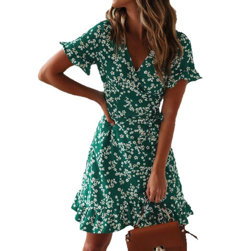 Damen Kurzarm-Wickelkleid mit floralem Muster und voluminösem Saum Stalluxe