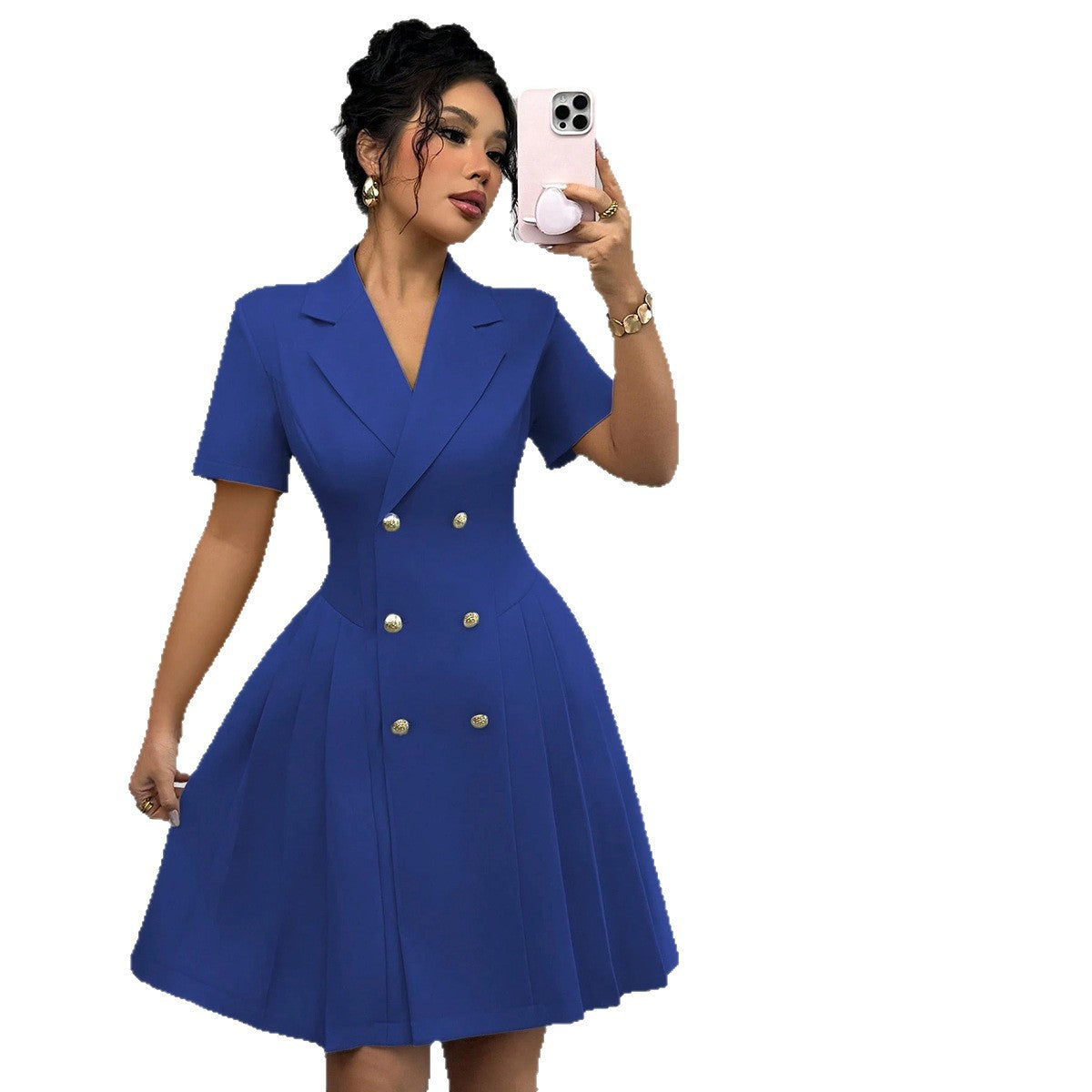 Damen Tailliertes Blusenkleid mit doppelter Knopfreihe und plissierten Details Stalluxe