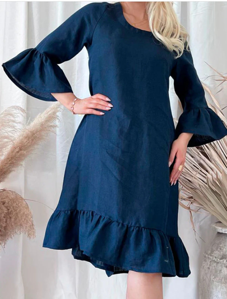 Damen Leichtes Leinenkleid mit Rüschendetails und weitem Schnitt Stalluxe