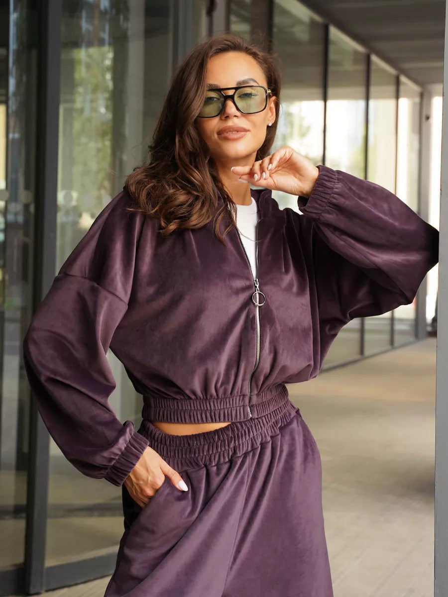 Damen sportliche Veloursjacke mit elastischen Bündchen und Reißverschluss Stalluxe