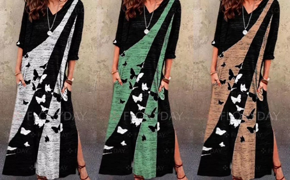 Damen Maxikleid mit kunstvollem Schmetterlingsdesign und praktischen Taschen Stalluxe