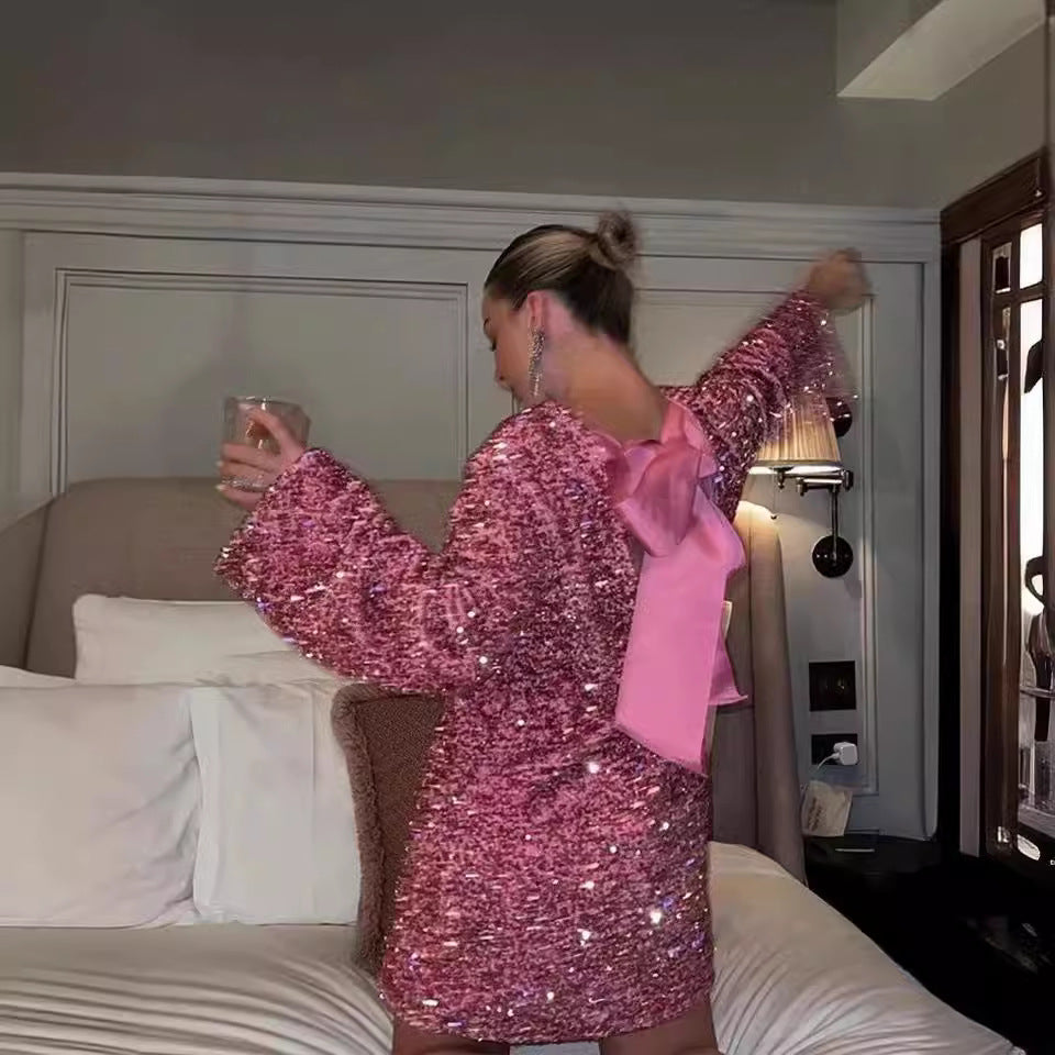 Damen Glitzerndes Party-Kleid mit weitem Schnitt und voluminösen Ärmeln Stalluxe