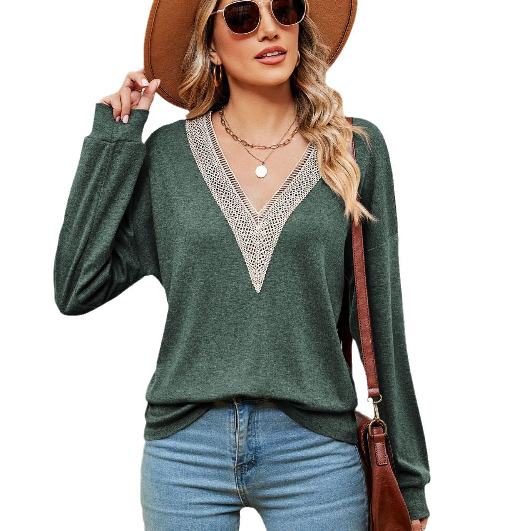 Damen V-Ausschnitt Pullover mit Spitzenakzenten und lässigem Schnitt Stalluxe