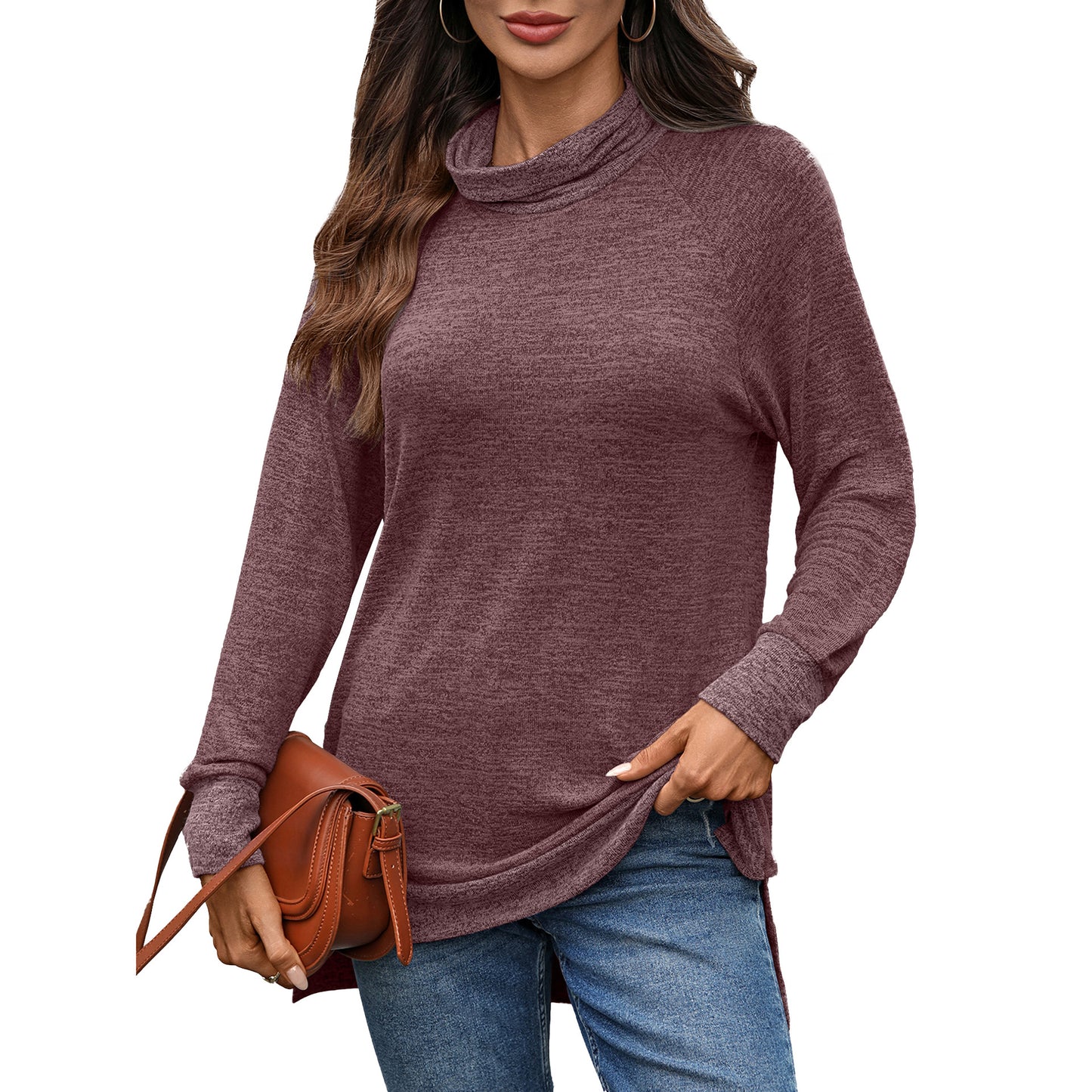 Damen lässiger Pullover mit stehendem Kragen und seitlichen Schlitzen Stalluxe