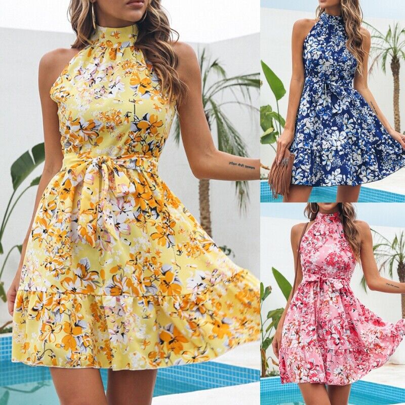 Damen Sommerliches Freizeitkleid mit hochgeschlossenem Kragen und Rüschensaum Stalluxe