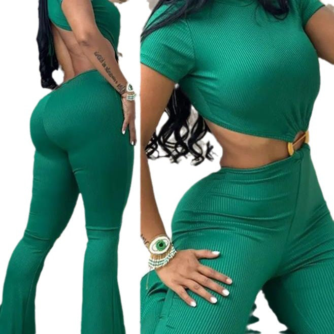 Damen cropped Oberteil mit hochtaillierter Hose im Ripp-Design Stalluxe