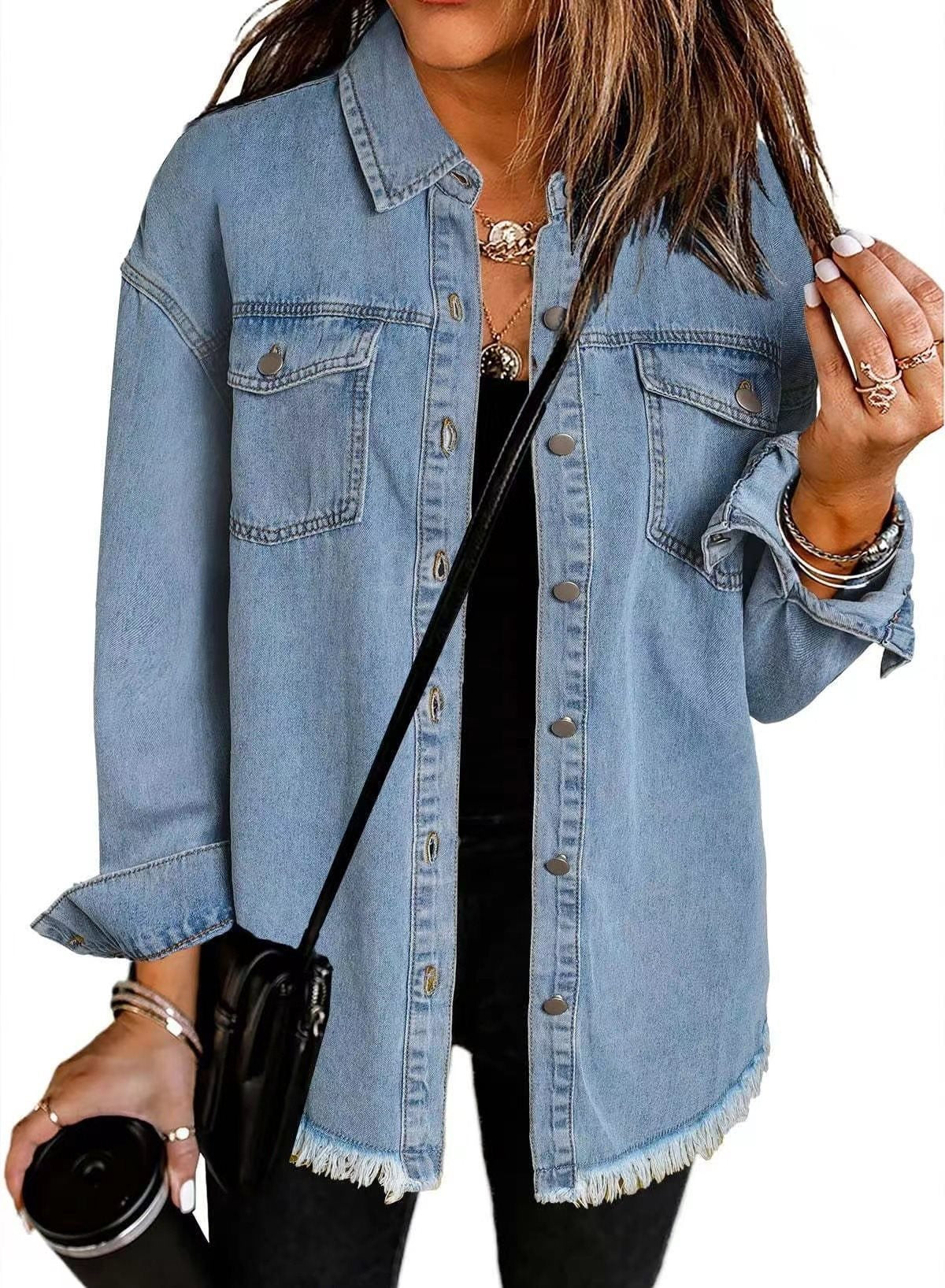 Damen lässige Jeansjacke mit fransigen Säumen und aufgesetzten Taschen Stalluxe