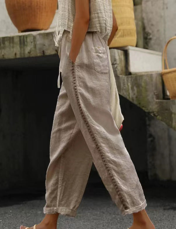 Damen Lockere Leinenhose mit seitlicher Knopfdetail Stalluxe