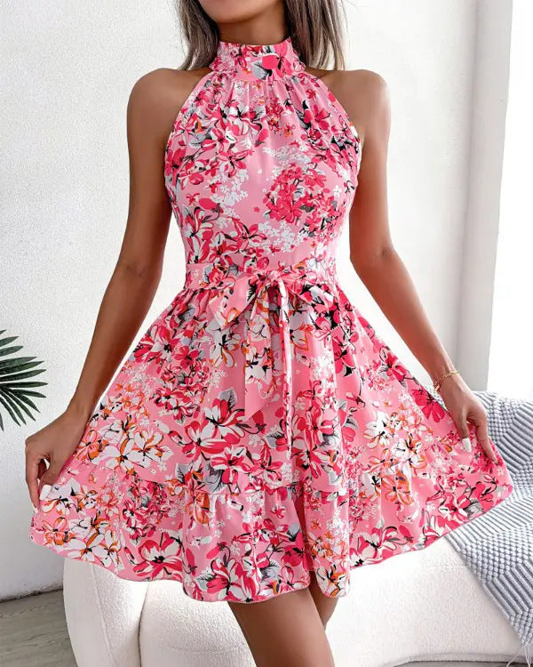 Damen ärmelloses Blumenkleid mit Rüschen und hochgeschlossenem Design Stalluxe