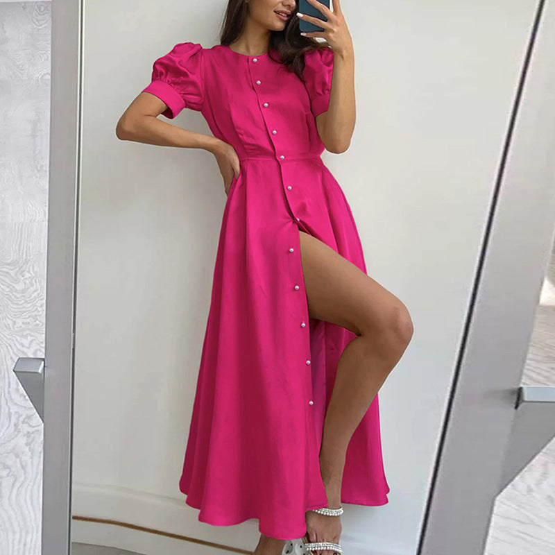 Damen Maxikleid mit Knopfdetail und seitlichem Schlitz Stalluxe