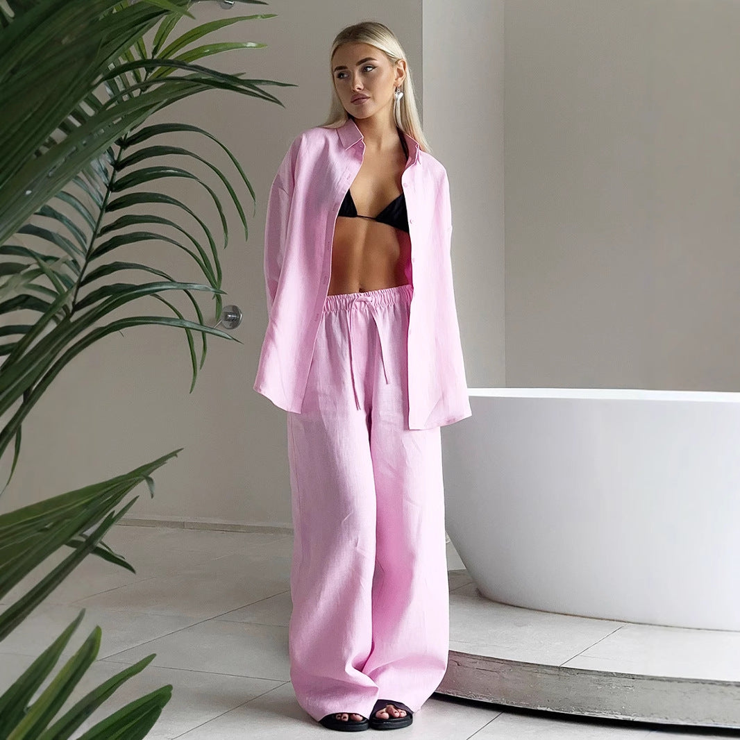 Damen luftiges Set mit weit geschnittenem Hemd und Hose Stalluxe