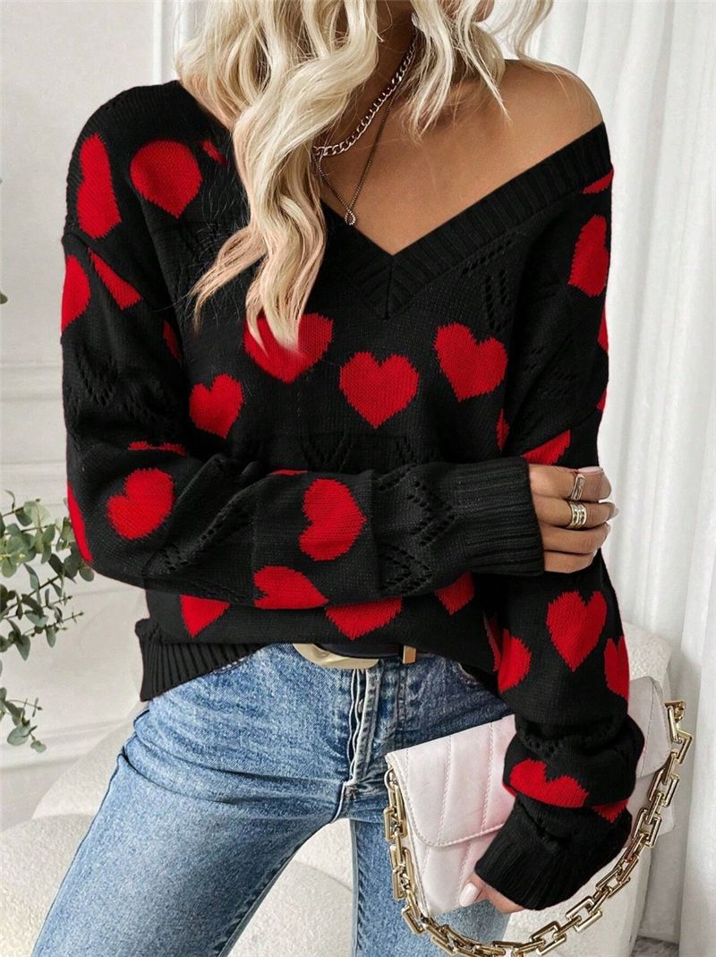 Damen kuscheliger Pullover mit herzförmigem Muster und V-Ausschnitt Stalluxe