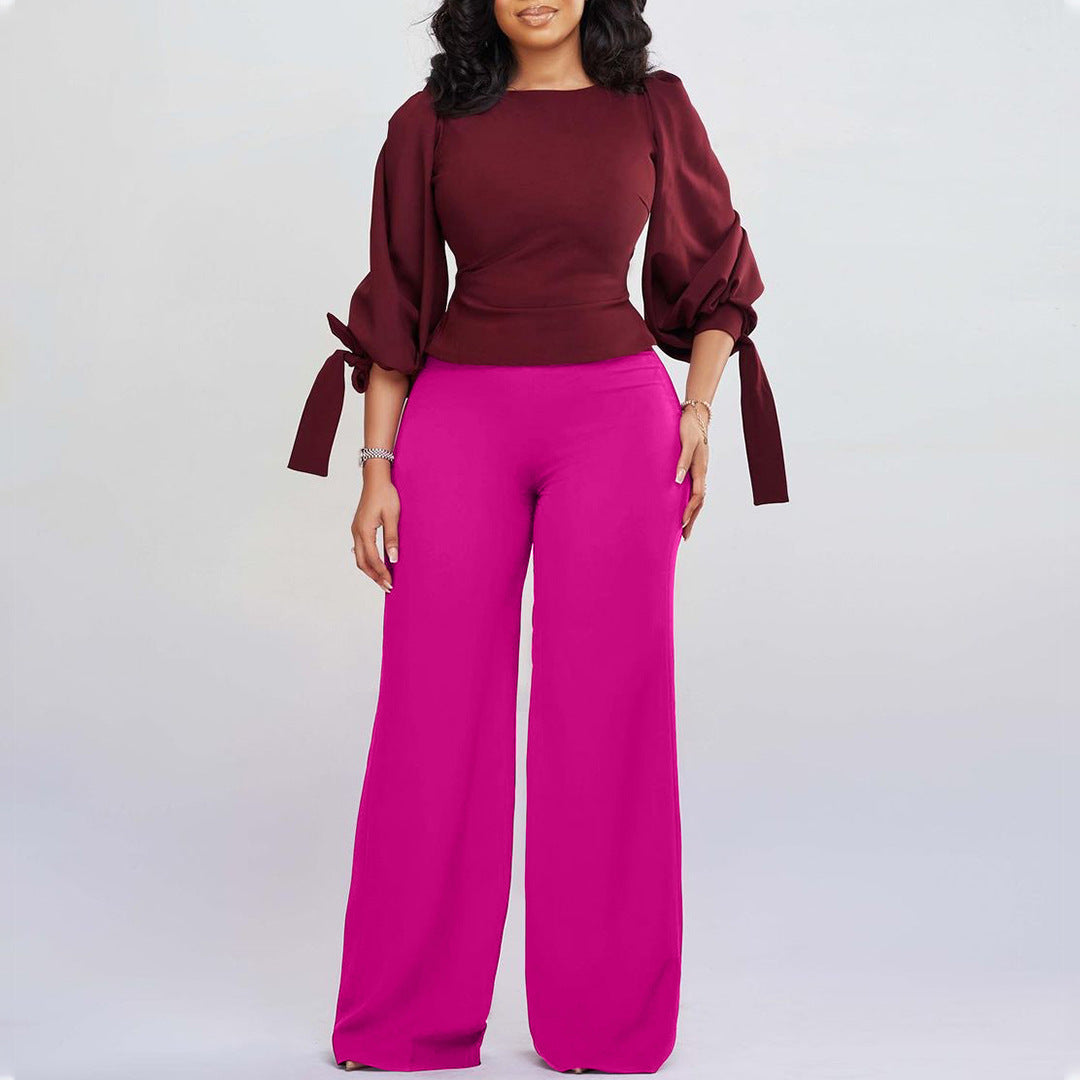 Damen eleganter Jumpsuit mit schicker Schleifenärmel und weitem Bein Stalluxe