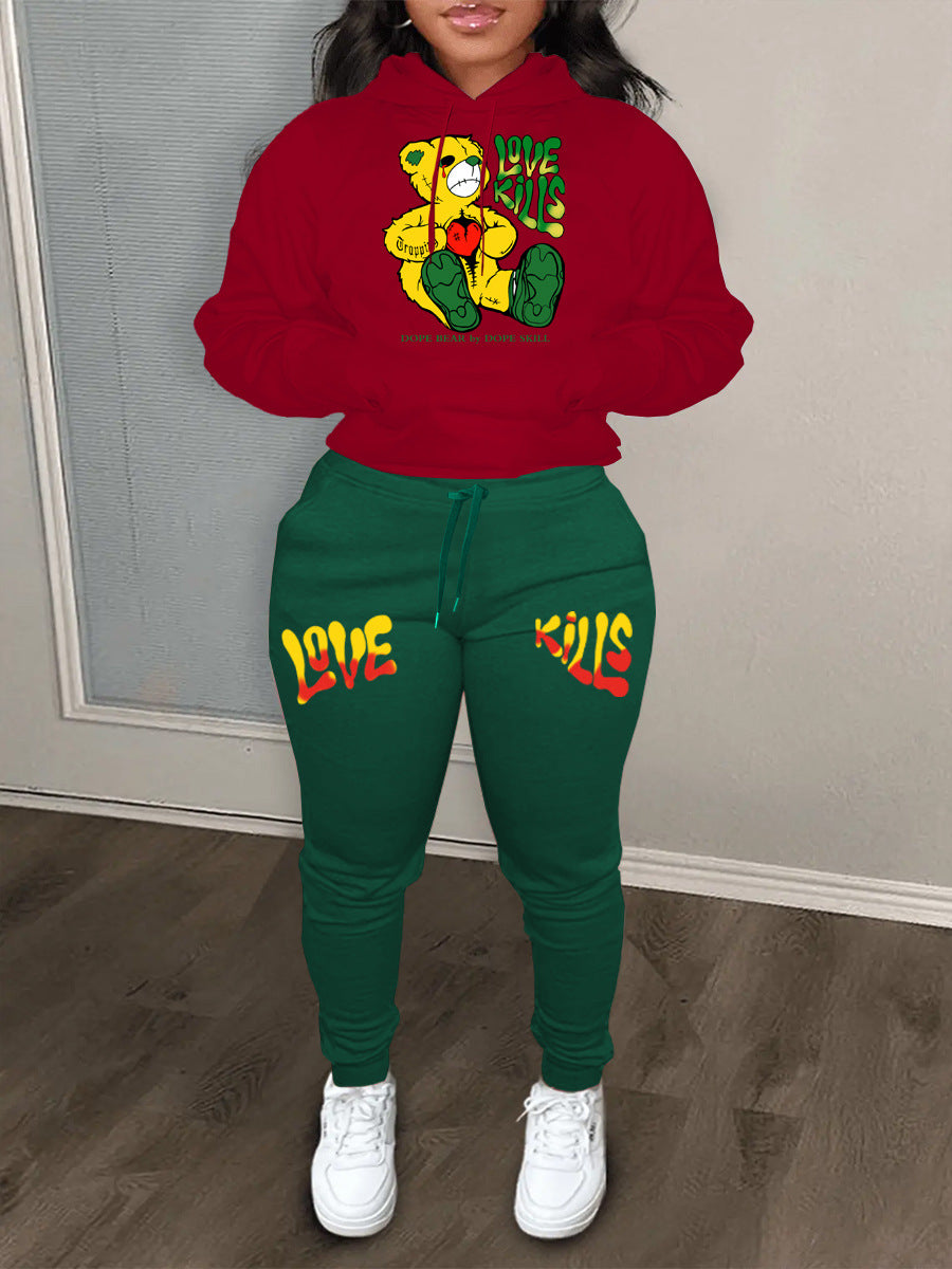 Damen Hoodie und Jogginghose Set mit kreativem Bärenmotiv und auffälligem Schriftzug Stalluxe