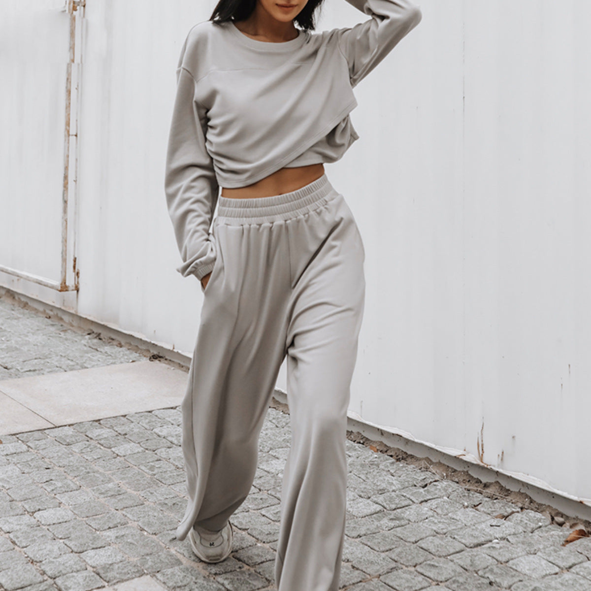 Damen lässiges Cropped Sweat-Set mit elastischem Bund und weitem Bein Stalluxe