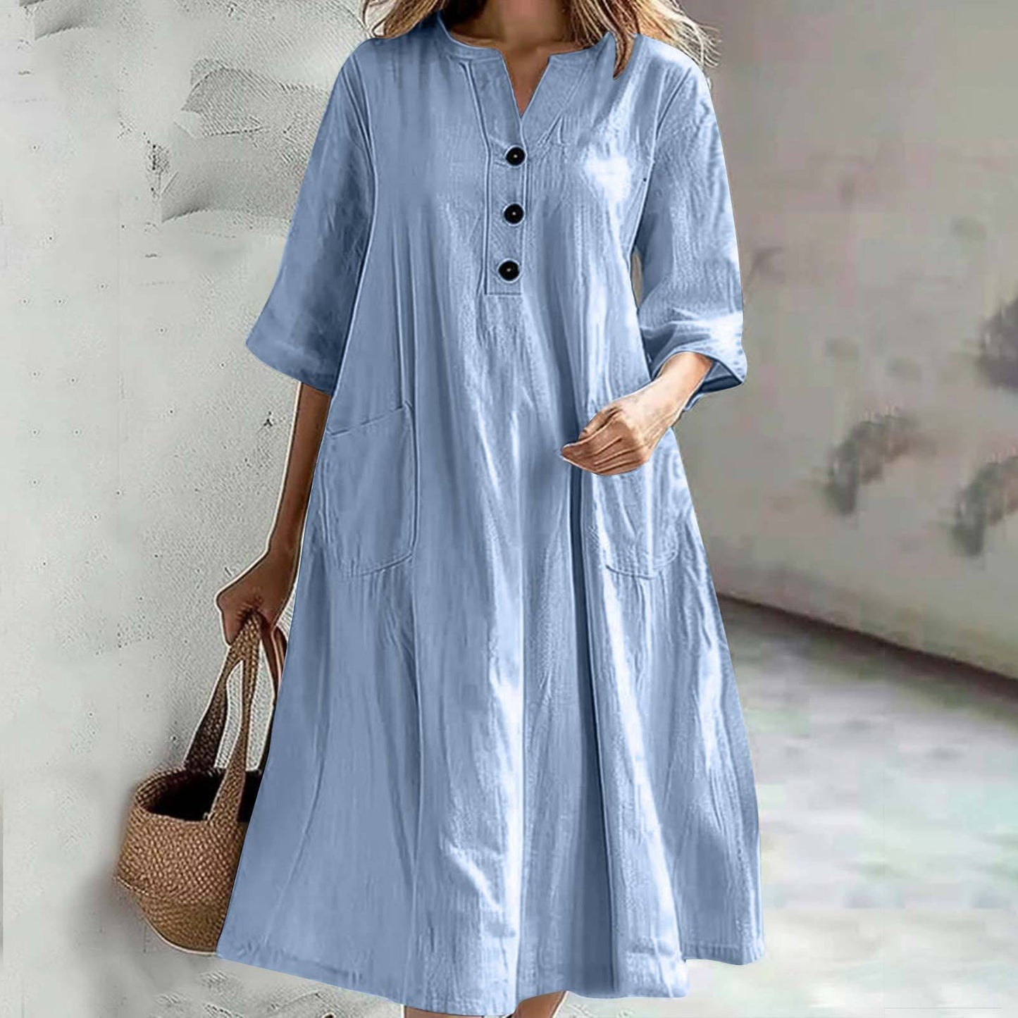 Damen lässiges Baumwollkleid mit Knopfleiste und praktischen Taschen Stalluxe