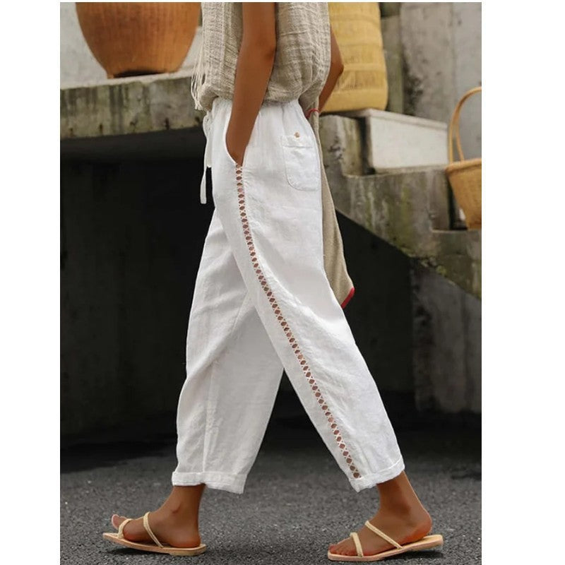 Damen Lockere Leinenhose mit seitlicher Knopfdetail Stalluxe