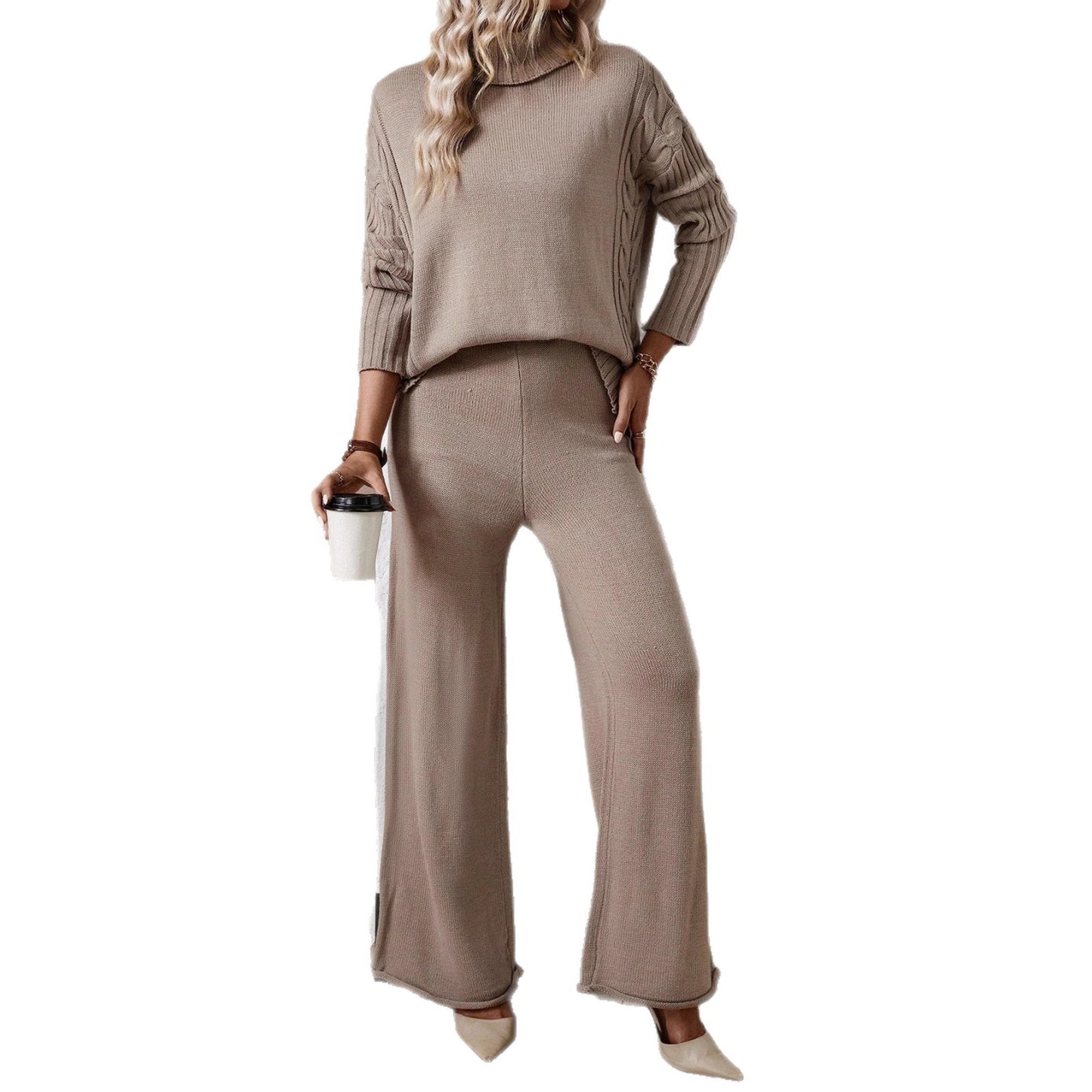 Damen Stilvolles Strickset mit hohem Kragen und weiter Hose Stalluxe