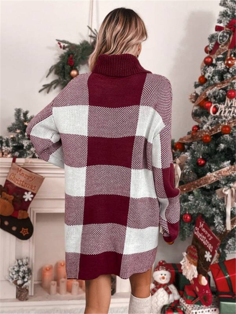 Damen Strickkleid mit hohem Kragen und Karomuster Stalluxe