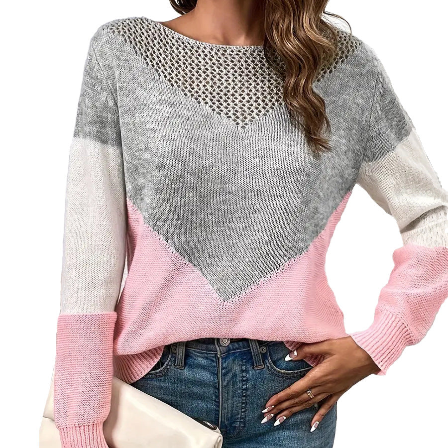 Damen moderner Strickpullover mit kontrastierenden Farbblöcken und V-Ausschnitt Stalluxe