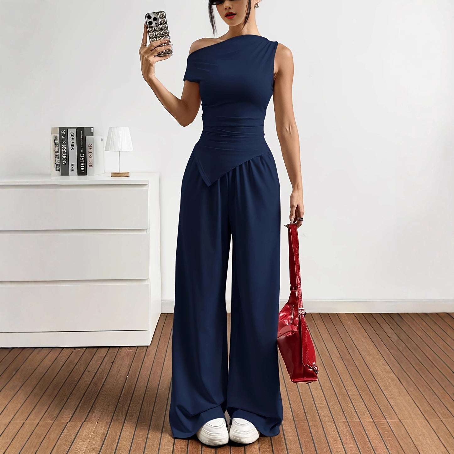 Damen Elegante Jumpsuit-Kombination mit asymmetrischem Oberteil und weitem Bein Stalluxe