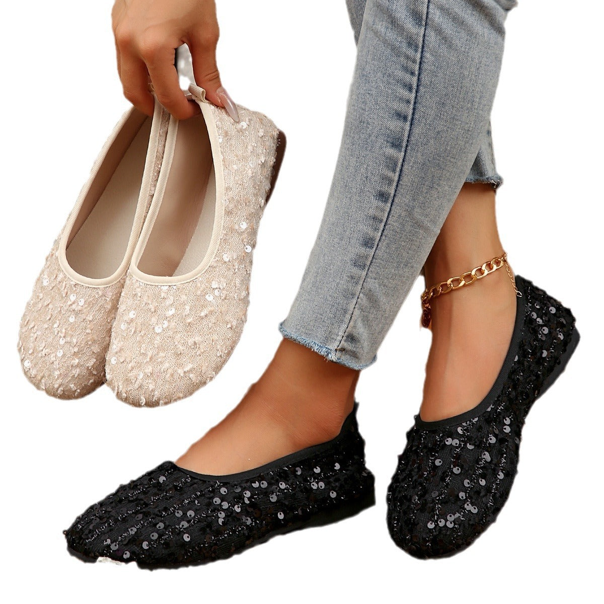 Damen Elegante Ballerinas mit funkelnder Pailletten-Applikation Stalluxe