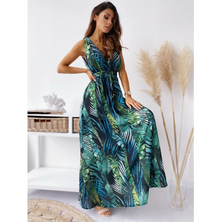 Damen Maxi Kleid mit elegantem Palmendruck und tailliertem Schnitt Stalluxe
