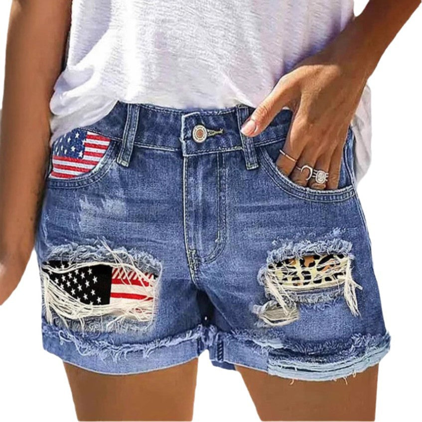 Damen Jeansshorts mit modischem USA-Print und Destroyed-Detail Stalluxe