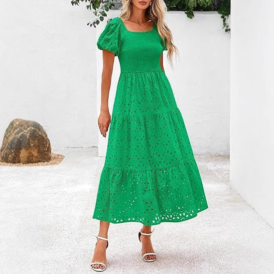Damen Maxikleid mit dekorativem Lochmuster und Puffärmeln Stalluxe