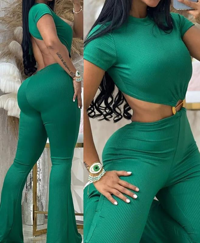 Damen cropped Oberteil mit hochtaillierter Hose im Ripp-Design Stalluxe