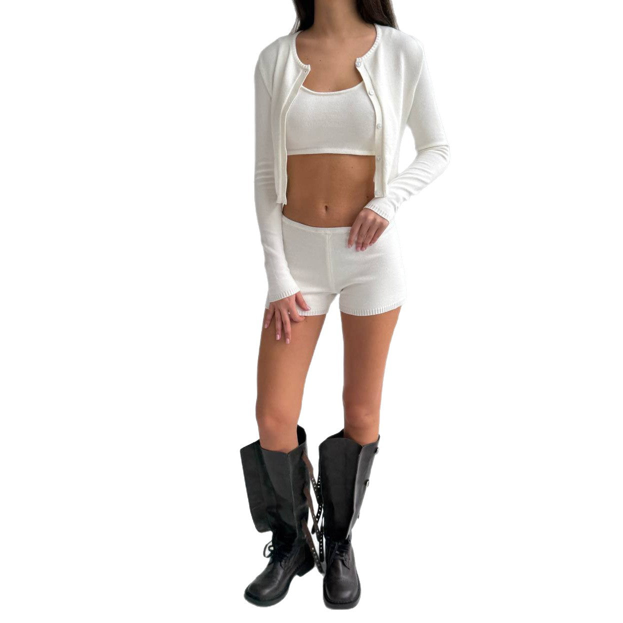 Damen Freizeit-Crop-Set mit knöpfbarem Cardigan und passendem Bustier Stalluxe