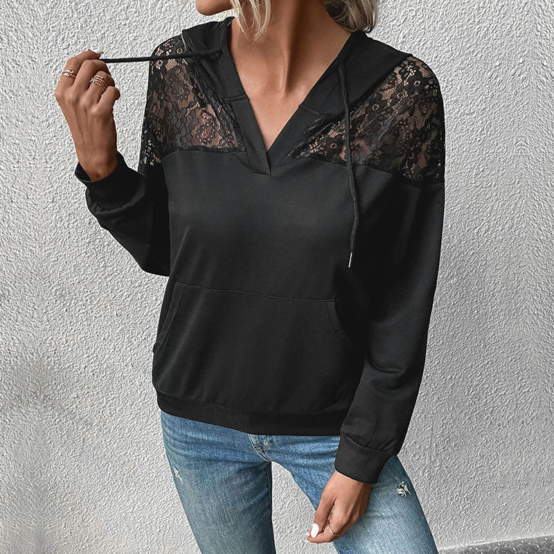 Damen Kapuzenpullover mit Spitzenbesatz und Kängurutasche Stalluxe