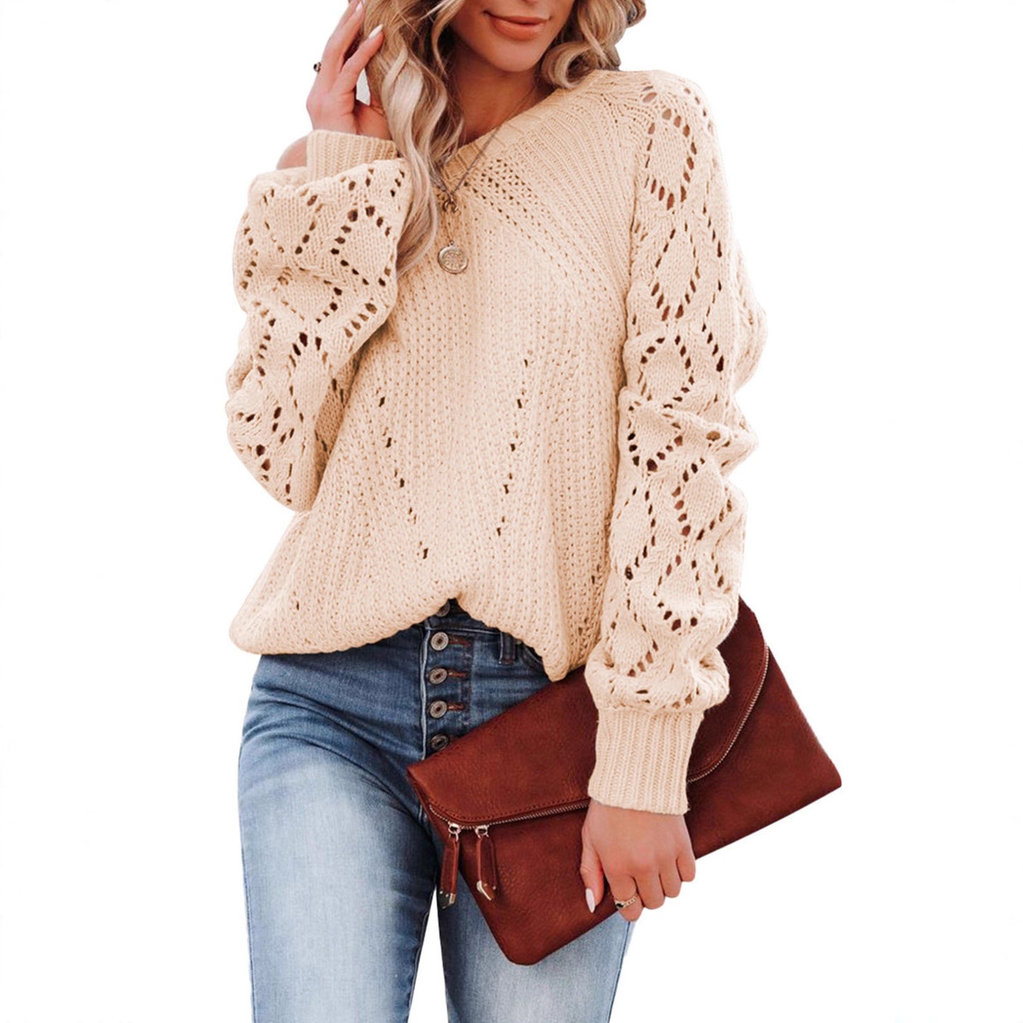 Damen Strickpullover mit Lochmuster und voluminösen Ärmeln Stalluxe