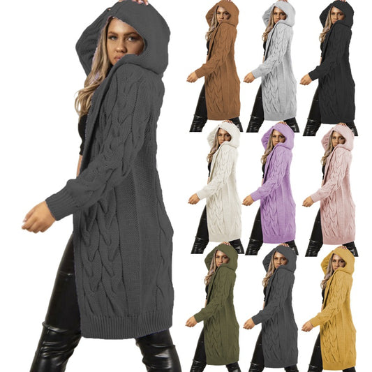 Damen Großer Strickmantel mit Kapuze und aufwendiger Zopfmusterstruktur Stalluxe